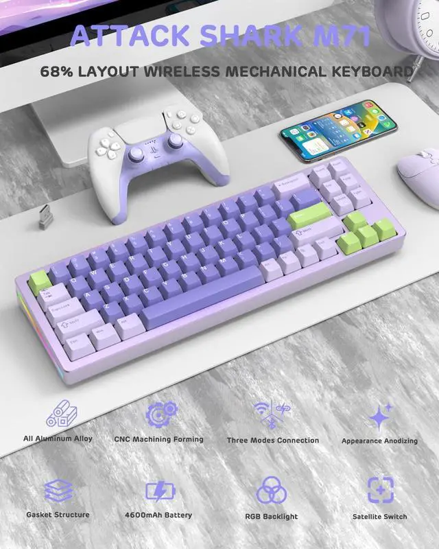 Alt view image 2 of 7 - ATTACK SHARK M71 75%TKL Wireless Mechanical Keyboard,Full Aluminum CNC,BT5.0/2.4G/USB-C,Hot-swap,RGB LED,NKRO Gaming Keyboard,4600mAh,Pre-lubed Linear Switch,Custom Gasket Mount for PC Mac/Win(Purple)