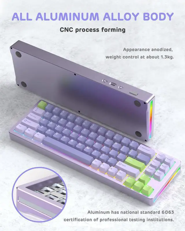 Alt view image 3 of 7 - ATTACK SHARK M71 75%TKL Wireless Mechanical Keyboard,Full Aluminum CNC,BT5.0/2.4G/USB-C,Hot-swap,RGB LED,NKRO Gaming Keyboard,4600mAh,Pre-lubed Linear Switch,Custom Gasket Mount for PC Mac/Win(Purple)
