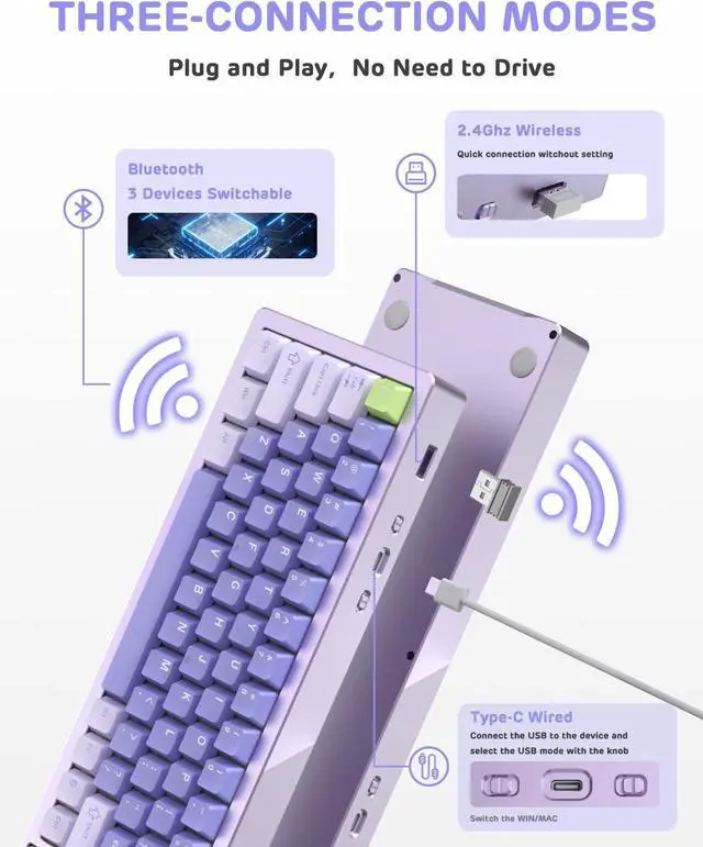Alt view image 4 of 7 - ATTACK SHARK M71 75%TKL Wireless Mechanical Keyboard,Full Aluminum CNC,BT5.0/2.4G/USB-C,Hot-swap,RGB LED,NKRO Gaming Keyboard,4600mAh,Pre-lubed Linear Switch,Custom Gasket Mount for PC Mac/Win(Purple)