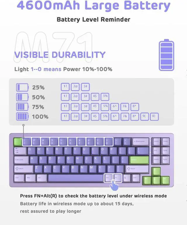 Alt view image 7 of 7 - ATTACK SHARK M71 75%TKL Wireless Mechanical Keyboard,Full Aluminum CNC,BT5.0/2.4G/USB-C,Hot-swap,RGB LED,NKRO Gaming Keyboard,4600mAh,Pre-lubed Linear Switch,Custom Gasket Mount for PC Mac/Win(Purple)