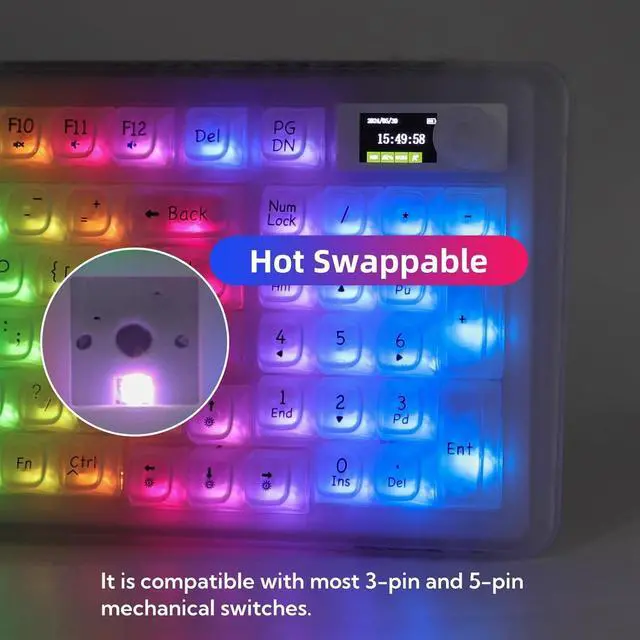 Alt view image 4 of 7 - V99 Hot Swappable Transparent Mechanical Keyboard with OLED Display,98 Keys RGB Custom Gaming Gasket Structures with BT5.1/2.4G/USB-C for Windows/Mac,Pioneer V1 Satellite Axis