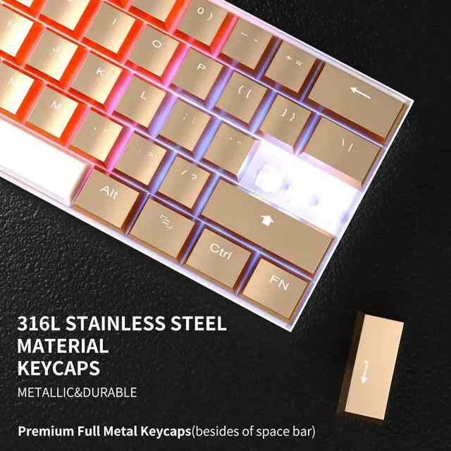 Alt view image 4 of 7 - Full Metal Mechanical Keyboards with RGB Backlit, Ultra-Compact Bluetooth 60% Stainless Steel Keycaps Gaming Keyboards Blue Switches Mac PC Computer Keyboards (Rose Gold)
