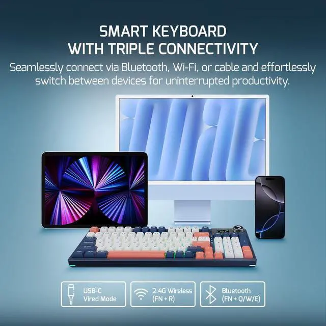 Alt view image 2 of 7 - GAMEPOWER Gasket Elite Triple Mode Mechanical Gaming Keyboard - 95 Keys, Knob Switch, Macro, 4000mah, 60M Linear Red switches, Wired/Wireless 2.4G/Bluetooth 5.1, RGB, LCD, Blue