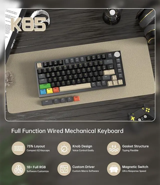 Alt view image 2 of 7 - ATTACK SHARK K85 Rapid Trigger Gaming Keyboard with Coiled Cable, 82 Keys Wired Mechanical Keyboard, Magnetic Switch Actuation Point Adjustable, Gasket, PBT Keycaps, Knob, for DKS/MT/TGL/PC/Mac(Black)
