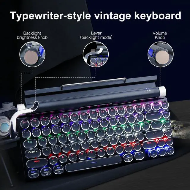 Alt view image 2 of 7 - Retro Typewriter Keyboard, Wireless Mechanical Keyboard, 83-Key Blue Switches Bluetooth 5.0 with LED Backlight, Compatible with Windows/Mac/PC