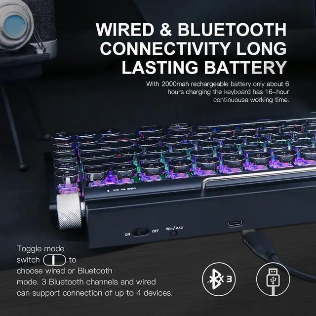 Alt view image 5 of 7 - Retro Typewriter Keyboard, Wireless Mechanical Keyboard, 83-Key Blue Switches Bluetooth 5.0 with LED Backlight, Compatible with Windows/Mac/PC