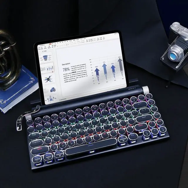 Alt view image 7 of 7 - Retro Typewriter Keyboard, Wireless Mechanical Keyboard, 83-Key Blue Switches Bluetooth 5.0 with LED Backlight, Compatible with Windows/Mac/PC