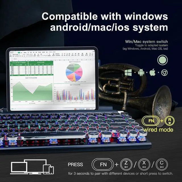 Alt view image 3 of 7 - Retro Typewriter Keyboard, Wireless Mechanical Keyboard, 83-Key Blue Switches Bluetooth 5.0 with LED Backlight, Compatible with Windows/Mac/PC