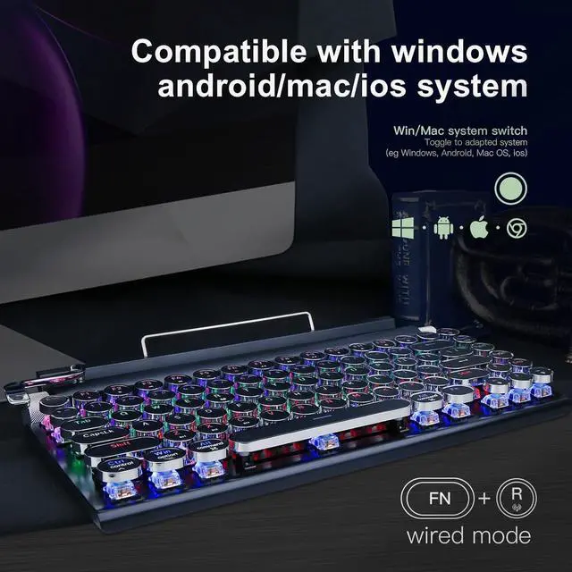 Alt view image 6 of 7 - Retro Typewriter Keyboard, Wireless Mechanical Keyboard, 83-Key Blue Switches Bluetooth 5.0 with LED Backlight, Compatible with Windows/Mac/PC