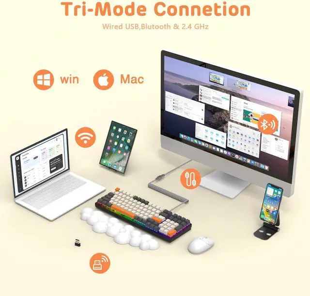 Alt view image 2 of 7 - Wireless Mechanical Keyboard,2.4G/USB-C/Bluetooth Gaming Keyboard Hot Swappable,Efficient Numeric Pad,Keyboard Wrist Rest,Clicky Blue Switches,96% 100 Keys 4000mAh RGB Wired Keyboard for PC Mac iPad