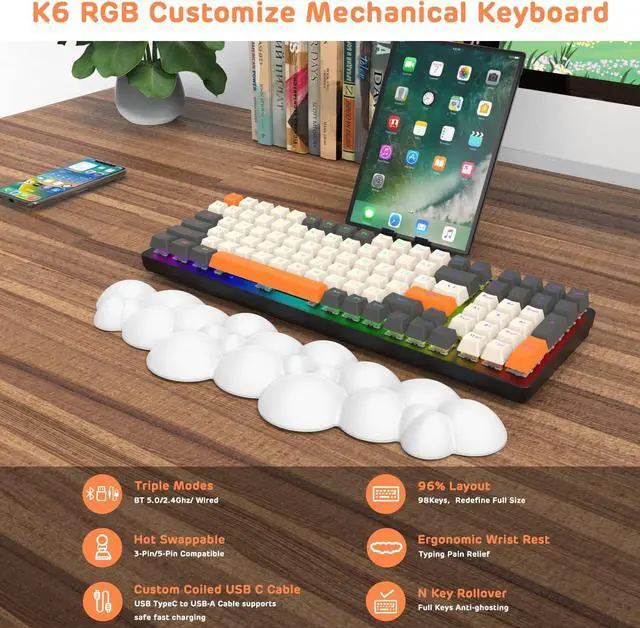 Alt view image 3 of 7 - Wireless Mechanical Keyboard,2.4G/USB-C/Bluetooth Gaming Keyboard Hot Swappable,Efficient Numeric Pad,Keyboard Wrist Rest,Clicky Blue Switches,96% 100 Keys 4000mAh RGB Wired Keyboard for PC Mac iPad