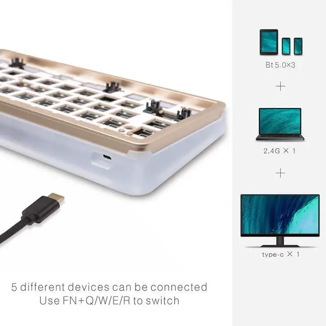 Alt view image 2 of 7 - DRAOZA RGB Backlit 61-Key Hot Swap Mechanical Gaming Keyboard Kit, Programmable Triple Mode Bluetooth 5.0/USB-C Wired/2.4GHz Wireless Custom Keyboard (Translucent Base)