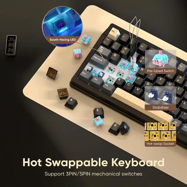 Alt view image 6 of 7 - RedThunder K95 Wireless Mechanical Keyboard,TFT Screen & Knob, Tri-Mode BT5.0/2.4GHz/USB-C Hot Swappable Custom, Pre-lubed Linear Switches,Gasket Structure, RGB Gaming Keyboard for WIN/IOS, Black-Gold