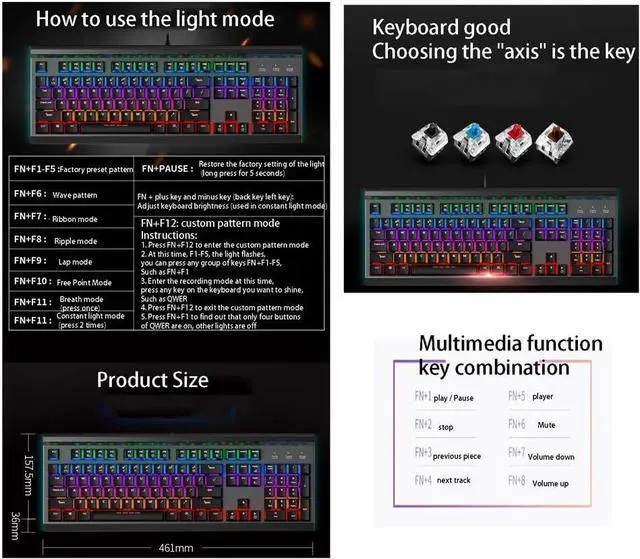 Alt view image 7 of 7 - 104 Keys Mechanical Keyboard Set with Multimedia Keys,Gaming Keyboard Mouse Headset Kit,Rainbow LED Backlit Wired, for PC, Computer Windows PC Gamers (Color : Black-Tea Shaft)