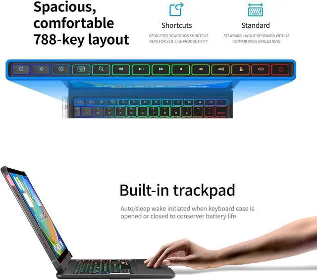 Alt view image 2 of 4 - Keyboard, Touchpad & 7-Color Backlit for 12.9 with 7 Modes, 360° Rotation, 180° Horizontal Placement (Type A-for 10.2 & 10.5 inch)
