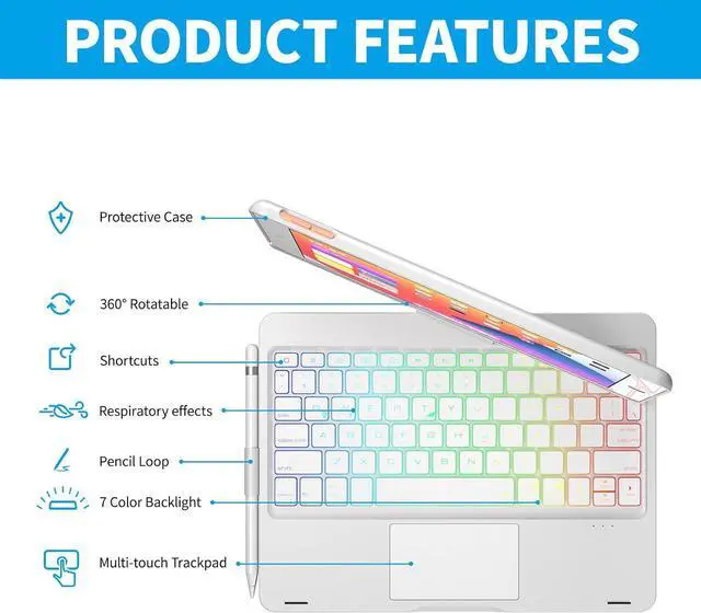 Alt view image 5 of 6 - 12.9 inch Rechargeable BT Keyboard with 7 Color Backlit Touchpad 7 Folding Usage Modes, 180° Horizontal (Type A-for pad 10.2 & 10.5 inch)