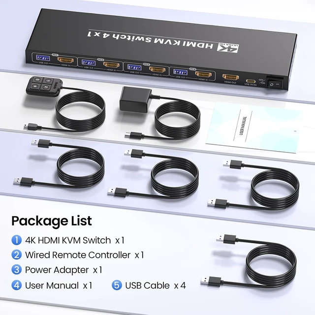 Alt view image 7 of 7 - 4K@60Hz HDMI KVM Switch 1 Monitors 4 Computers, USB 3.0 4 Port HDMI KVM Switch for 4 Computers Share 1 Set of Keyboard, Mouse, Monitor and 4 USB 3.0 Ports