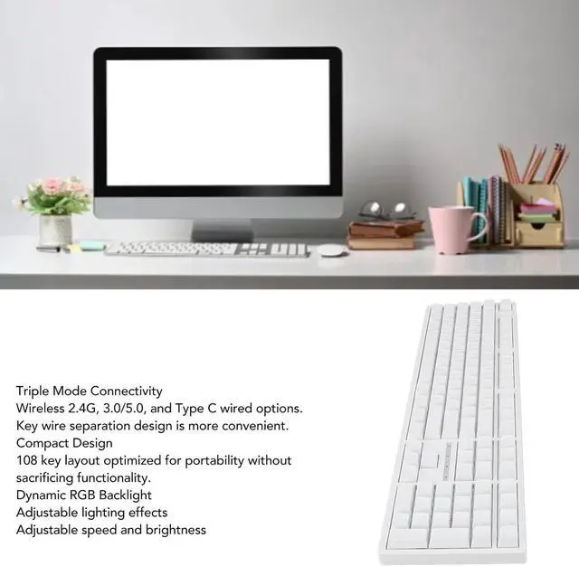 Alt view image 2 of 7 - 108 Key Mechanical Keyboard, Full Key Hot Swappable 3 Modes Keyboard Type C Wired Mechanical Keyboard RGB Multiple Lighting Modes