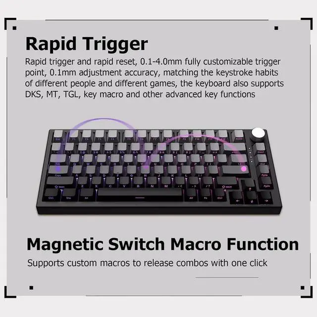 Alt view image 4 of 7 - Hyekit VGN A75 Rapid Trigger Gaming Keyboard - 75% Hall Effect Magnetic Switch Keyboard, Adjustable Actuation, Key Macro, RGB, Gasket, HotSwap, Gradient Side Printed Keycaps, for Win/MAC, Black