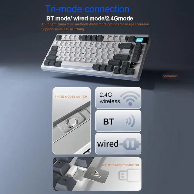 Alt view image 7 of 7 - K8 Tri-Mode 81-Key Mechanical Keyboard K8 Keyboard Full-Color Backlight 8 Lighting Effects Full -Swap Keyboard 5.0 Wired Three Mode Connectivi Large Blue&Black