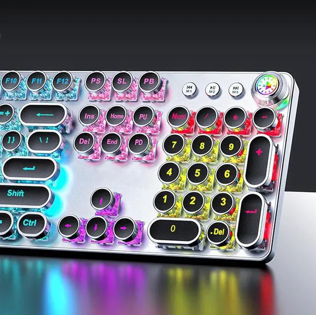 Alt view image 3 of 7 - 104-Key Mechanical Keyboard Corded with Clicky Switches White Backlit Vintage Round Keycaps Media Knob White Retro Punk Keycaps