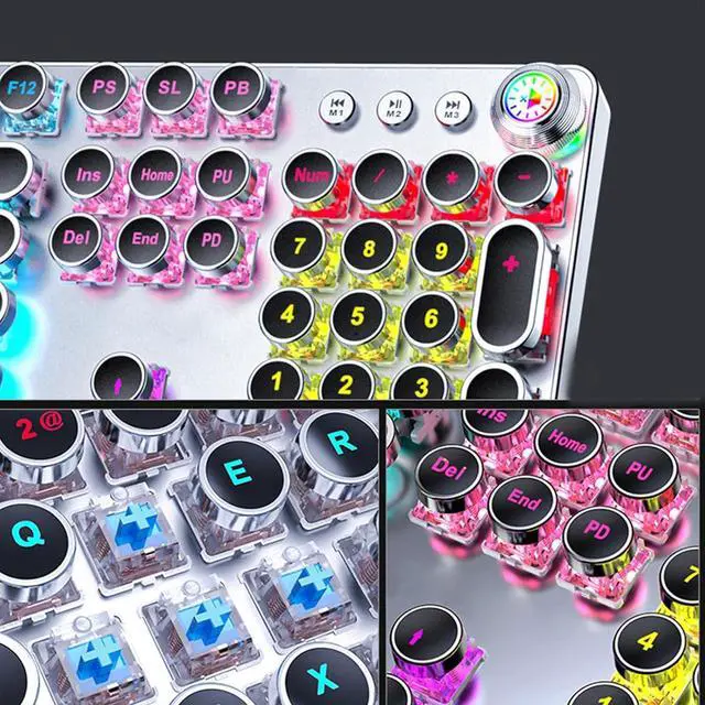 Alt view image 7 of 7 - Retro Punk Round Keycap Mechanical Keyboard for Gamers 104 Key White Lighting Media Control White