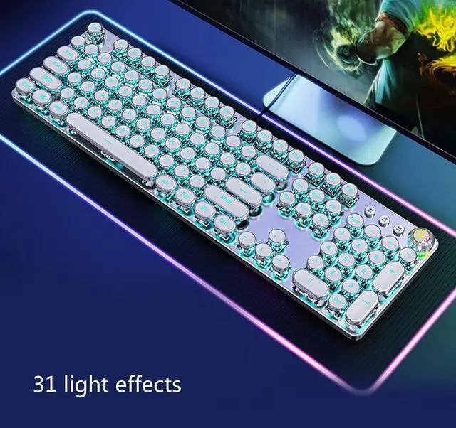 Alt view image 6 of 7 - Vintage Typewriter Mechanical Gaming Keyboard with White Backlit Media Control Gaming Keypad White with 104 Key Codes