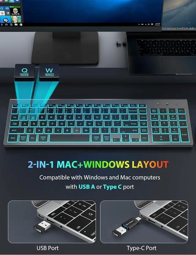 Alt view image 3 of 7 - SABLUTE Wireless Keyboard and Mouse Combo Backlit - Compact Quiet Keyboard with RGB Mouse, Rechargeable, Slim, Sleep Mode, Portable Cordless Keyboard Mouse Set for Mac, Windows, Laptop (Space Gray)