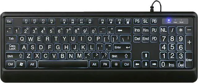 Main image of Wired keyboard, illuminated full keyboard with multimedia function keys, large keyboard, wired old keyboard, very suitable for visual impaired, button with grease, for PC, laptop etc (white on black)
