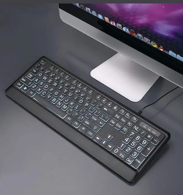 Alt view image 2 of 7 - Wired keyboard, illuminated full keyboard with multimedia function keys, large keyboard, wired old keyboard, very suitable for visual impaired, button with grease, for PC, laptop etc (white on black)