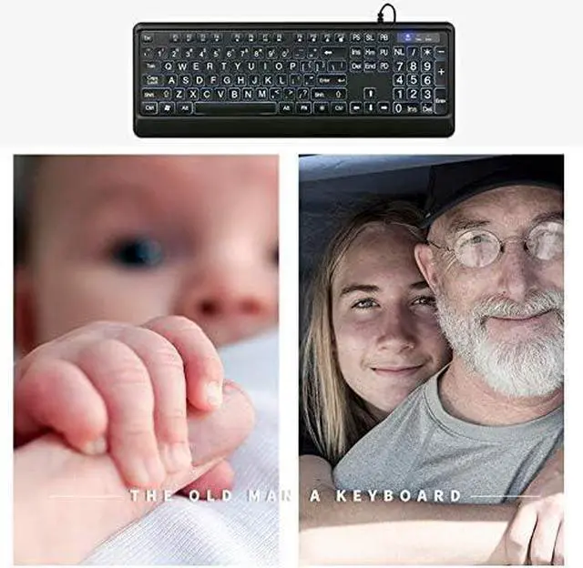 Alt view image 6 of 7 - Wired keyboard, illuminated full keyboard with multimedia function keys, large keyboard, wired old keyboard, very suitable for visual impaired, button with grease, for PC, laptop etc (white on black)