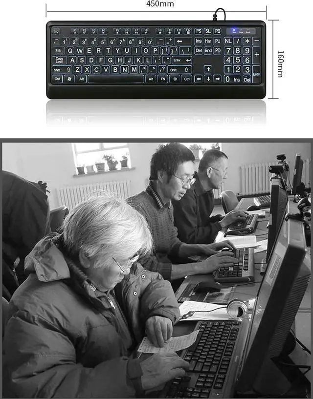 Alt view image 5 of 7 - Wired keyboard, illuminated full keyboard with multimedia function keys, large keyboard, wired old keyboard, very suitable for visual impaired, button with grease, for PC, laptop etc (white on black)