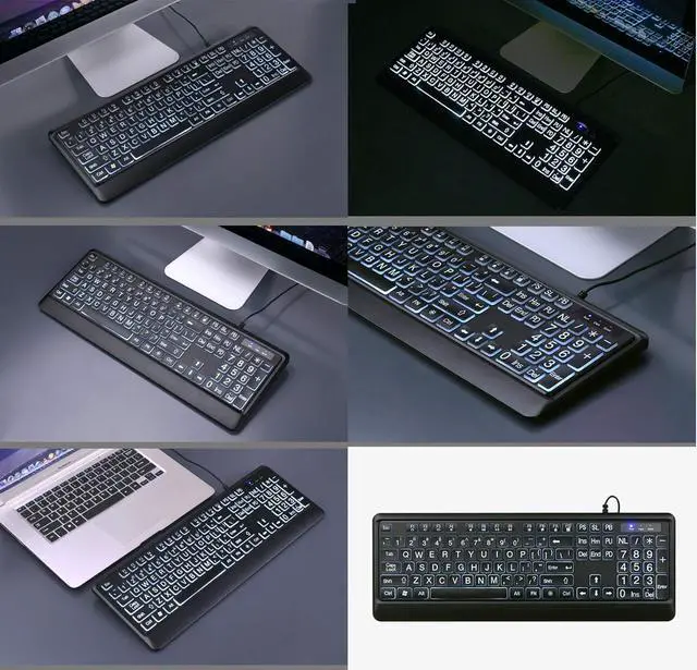 Alt view image 7 of 7 - Wired keyboard, illuminated full keyboard with multimedia function keys, large keyboard, wired old keyboard, very suitable for visual impaired, button with grease, for PC, laptop etc (white on black)