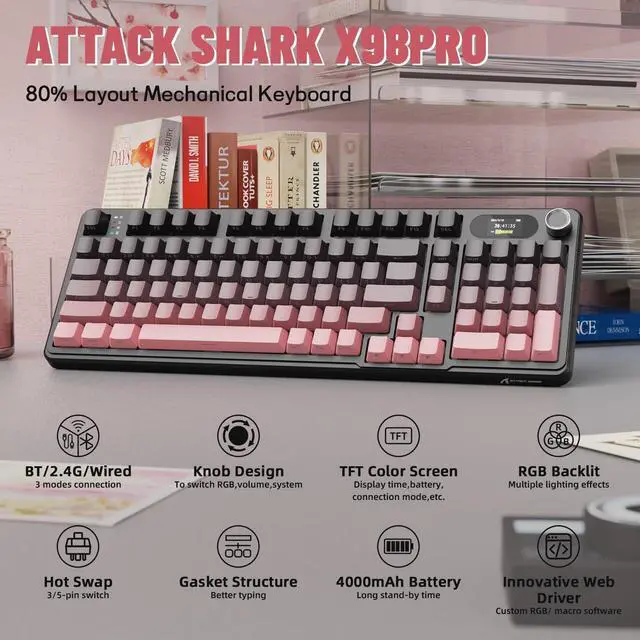 Alt view image 2 of 7 - MAMBASNAKE Attack Shark X98 Pro Wireless Mechanical Keyboard with Screen & Knob, 2.4G/USB-C/BT5.0 Gasket Hot Swappable Creamy Keyboard102 Keys, Web Driver RGB Gaming Keyboard for PC/Mac/PS4/Xbox