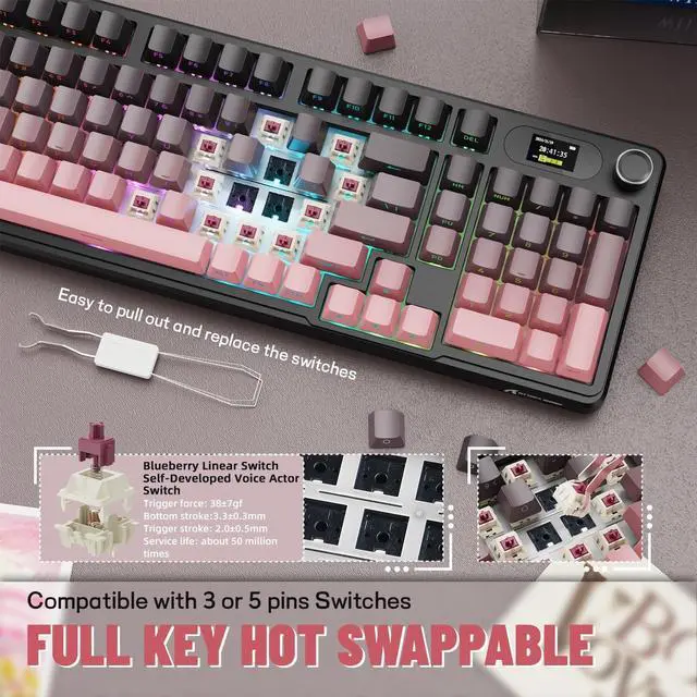 Alt view image 6 of 7 - MAMBASNAKE Attack Shark X98 Pro Wireless Mechanical Keyboard with Screen & Knob, 2.4G/USB-C/BT5.0 Gasket Hot Swappable Creamy Keyboard102 Keys, Web Driver RGB Gaming Keyboard for PC/Mac/PS4/Xbox