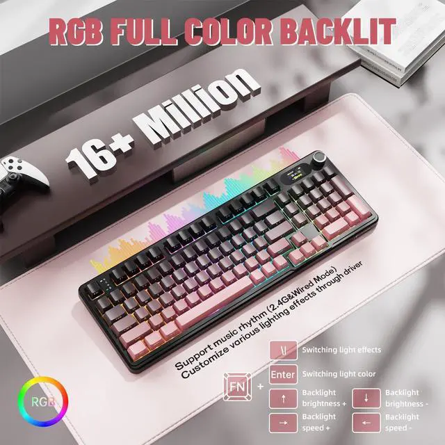 Alt view image 7 of 7 - MAMBASNAKE Attack Shark X98 Pro Wireless Mechanical Keyboard with Screen & Knob, 2.4G/USB-C/BT5.0 Gasket Hot Swappable Creamy Keyboard102 Keys, Web Driver RGB Gaming Keyboard for PC/Mac/PS4/Xbox