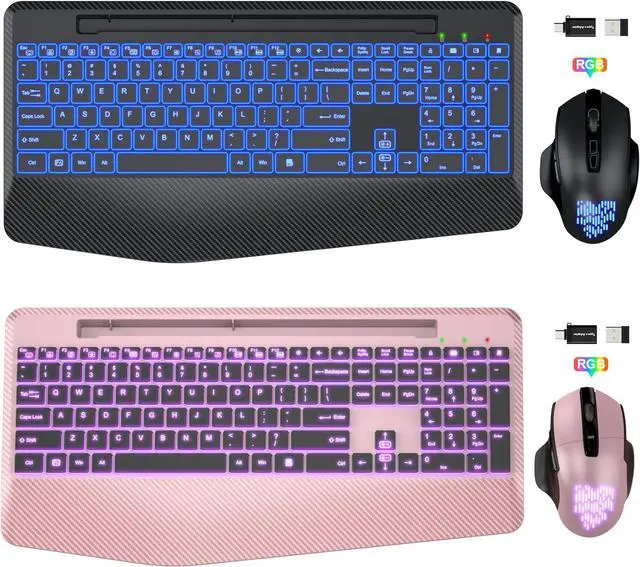 Main image of SABLUTE 2 Pack Black & Rose Gold Wireless Keyboard and Mouse Combo Backlit, Jiggler Mouse, Ergonomic Rechargeable Duo with Wrist Rest, Phone Holder, Silent Light Up Cordless Set for Windows, Mac