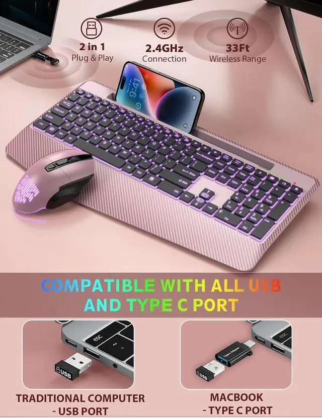 Alt view image 3 of 7 - SABLUTE 2 Pack Black & Rose Gold Wireless Keyboard and Mouse Combo Backlit, Jiggler Mouse, Ergonomic Rechargeable Duo with Wrist Rest, Phone Holder, Silent Light Up Cordless Set for Windows, Mac