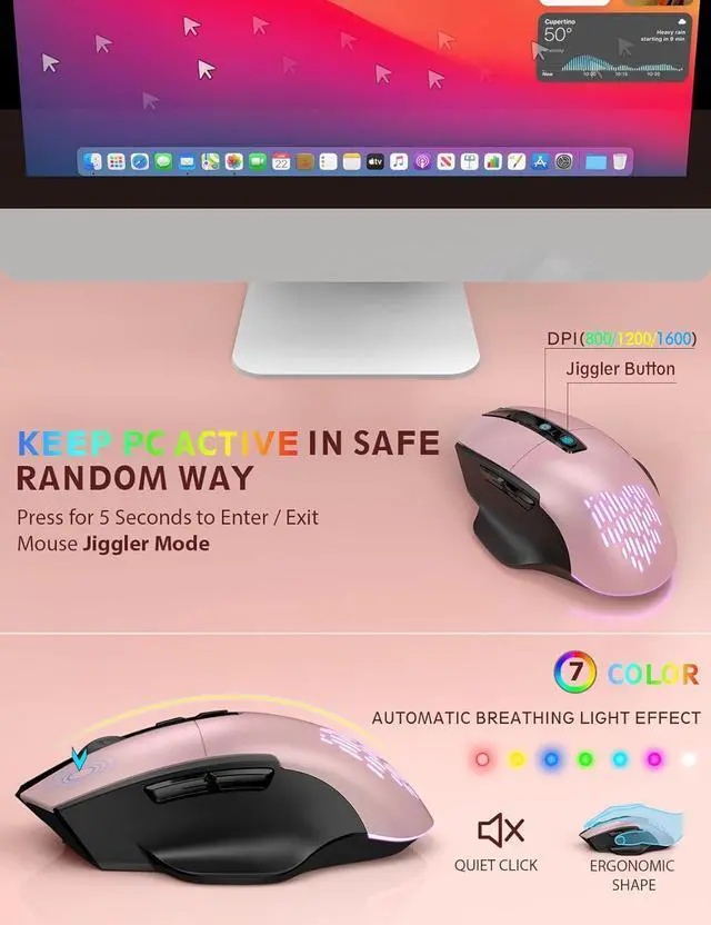 Alt view image 5 of 7 - SABLUTE 2 Pack Black & Rose Gold Wireless Keyboard and Mouse Combo Backlit, Jiggler Mouse, Ergonomic Rechargeable Duo with Wrist Rest, Phone Holder, Silent Light Up Cordless Set for Windows, Mac