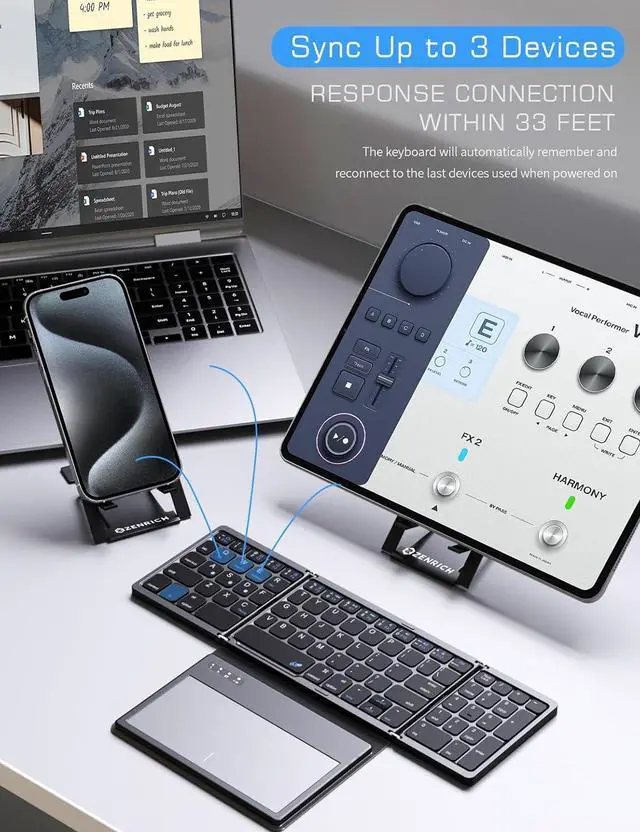 Alt view image 2 of 7 - ZenRich Portable Laptop Stand and Bluetooth Keyboard with [Touchpad] [Travel Electronic Organizer] [Stand Holder] [4 in 1 Fast Charging Cable] for Travel