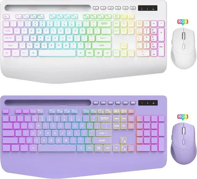 Main image of SABLUTE Wireless Keyboard and Mouse Combo, 9 Backlit Effects, Wrist Rest, Phone Holder, 2.4G Lag-Free Ergonomic Keyboards, Rechargeable Silent Cordless Set for Computer, Laptop (Purple & White)