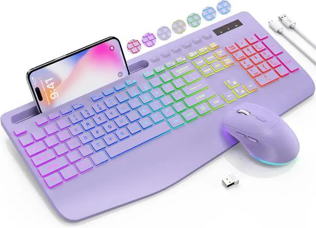 Alt view image 2 of 7 - SABLUTE Wireless Keyboard and Mouse Combo, 9 Backlit Effects, Wrist Rest, Phone Holder, 2.4G Lag-Free Ergonomic Keyboards, Rechargeable Silent Cordless Set for Computer, Laptop (Purple & Black)
