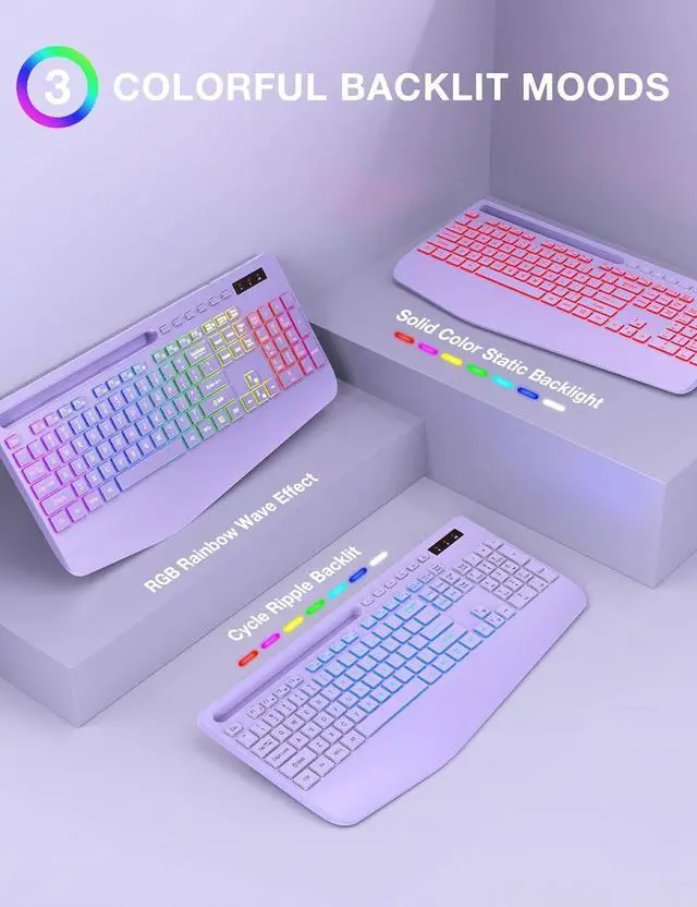 Alt view image 3 of 7 - SABLUTE Wireless Keyboard and Mouse Combo, 9 Backlit Effects, Wrist Rest, Phone Holder, 2.4G Lag-Free Ergonomic Keyboards, Rechargeable Silent Cordless Set for Computer, Laptop (Purple & Black)