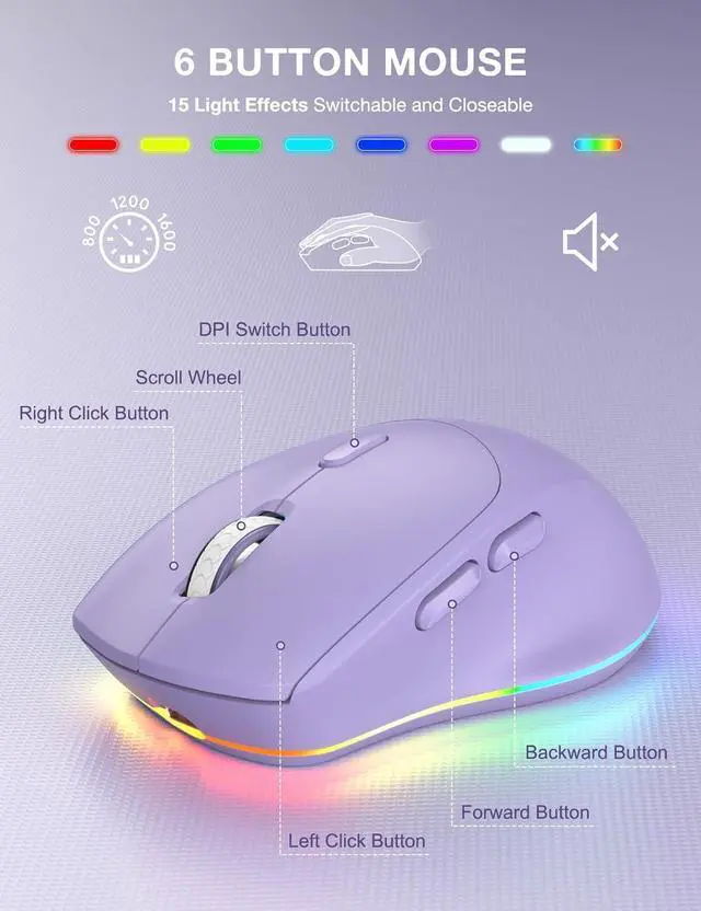 Alt view image 5 of 7 - SABLUTE Wireless Keyboard and Mouse Combo, 9 Backlit Effects, Wrist Rest, Phone Holder, 2.4G Lag-Free Ergonomic Keyboards, Rechargeable Silent Cordless Set for Computer, Laptop (Purple & White)