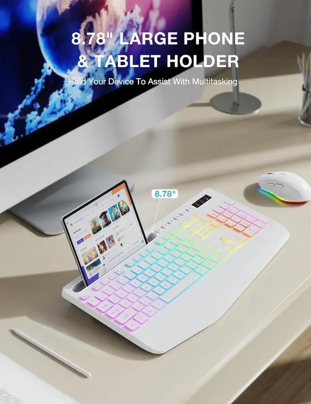Alt view image 7 of 7 - SABLUTE Wireless Keyboard and Mouse Combo, 9 Backlit Effects, Wrist Rest, Phone Holder, 2.4G Lag-Free Ergonomic Keyboards, Rechargeable Silent Cordless Set for Computer, Laptop (Purple & White)