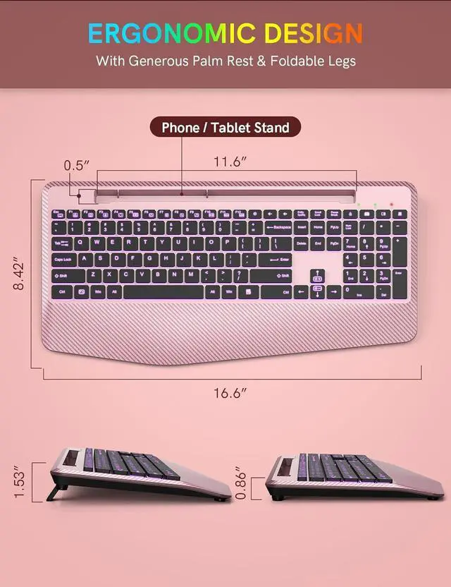 Alt view image 6 of 7 - Wireless Keyboard with 7 Colored Backlits, Wrist Rest, Phone Holder, Rechargeable Ergonomic Computer Keyboard with Silent Keys, Full Size Lighted Keyboard for Windows, MacBook, PC, Laptop