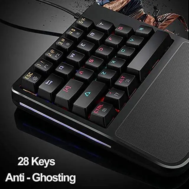 Alt view image 3 of 7 - One-Hand Mechanical Keyboard, Wired Gaming Keyboard, 28-Key LED Backlight, Blue Switch, Ergonomic Wrist Strap, for PC Laptop