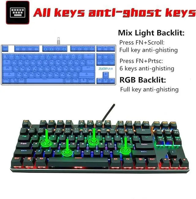 Alt view image 3 of 7 - Mechanical Gaming Keyboard, Compact 87 Keys Mechanical Computer Keyboard Rainbow LED Backlit for PC Gamers
