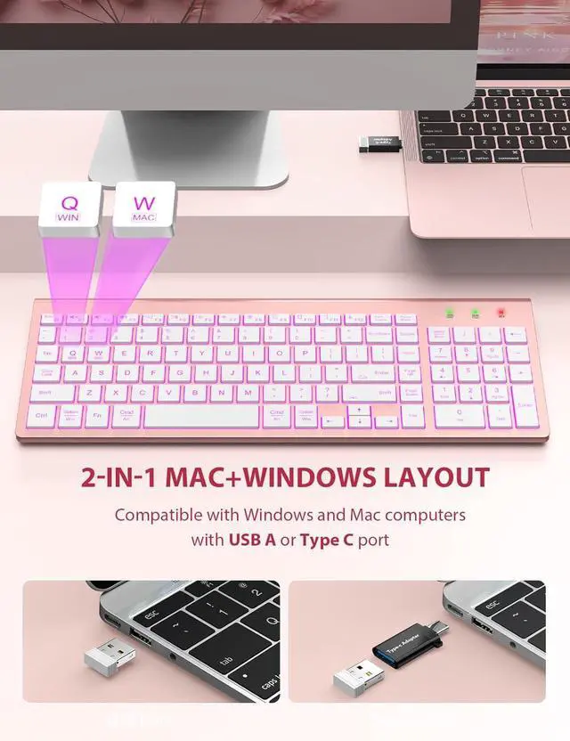 Alt view image 3 of 7 - SABLUTE 2 Pack Compact Wireless Keyboard and Mouse Combo Backlit - Quiet Keyboard with RGB Mouse, Rechargeable, Slim, Sleep Mode, Portable Cordless Keyboard Mouse Set for Mac, Windows, Laptop