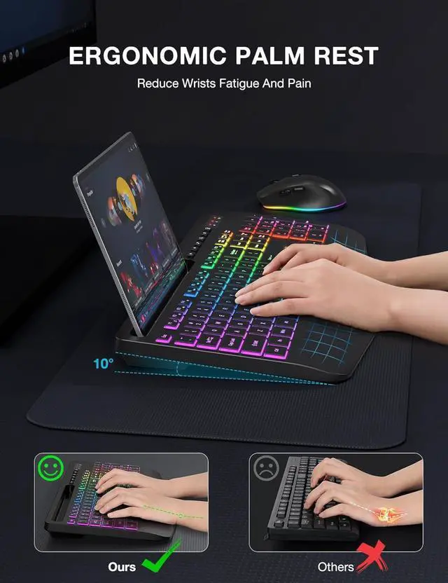 Alt view image 4 of 7 - SABLUTE Wireless Keyboard and Mouse Combo, 9 Backlit Effects, Wrist Rest, Phone Holder, 2.4G Lag-Free Ergonomic Keyboards, Rechargeable Silent Cordless Set for Computer, Laptop (White & Black)